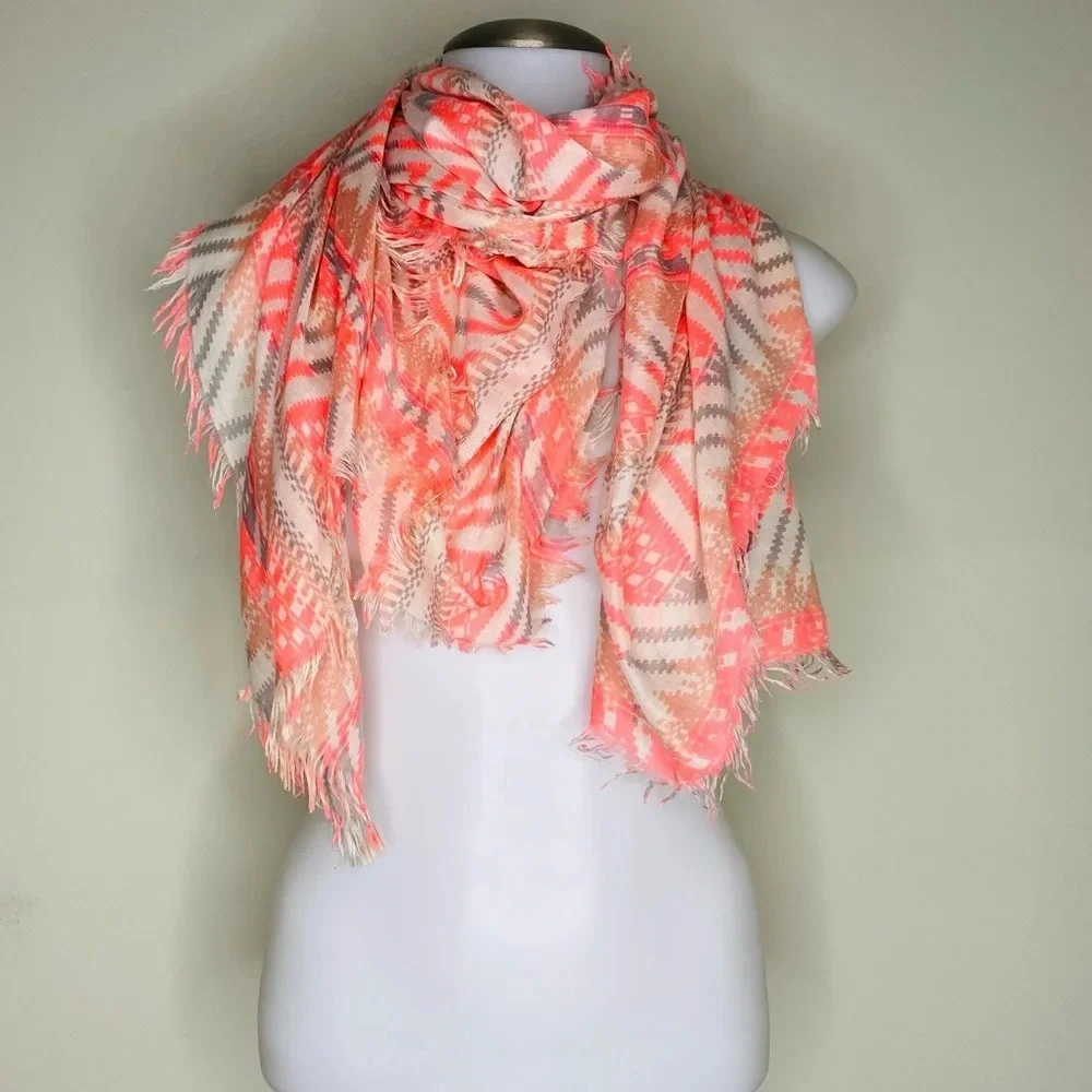 Coral Pink Gray Lightweight Southwestern Printed Fringe Neck Scarf